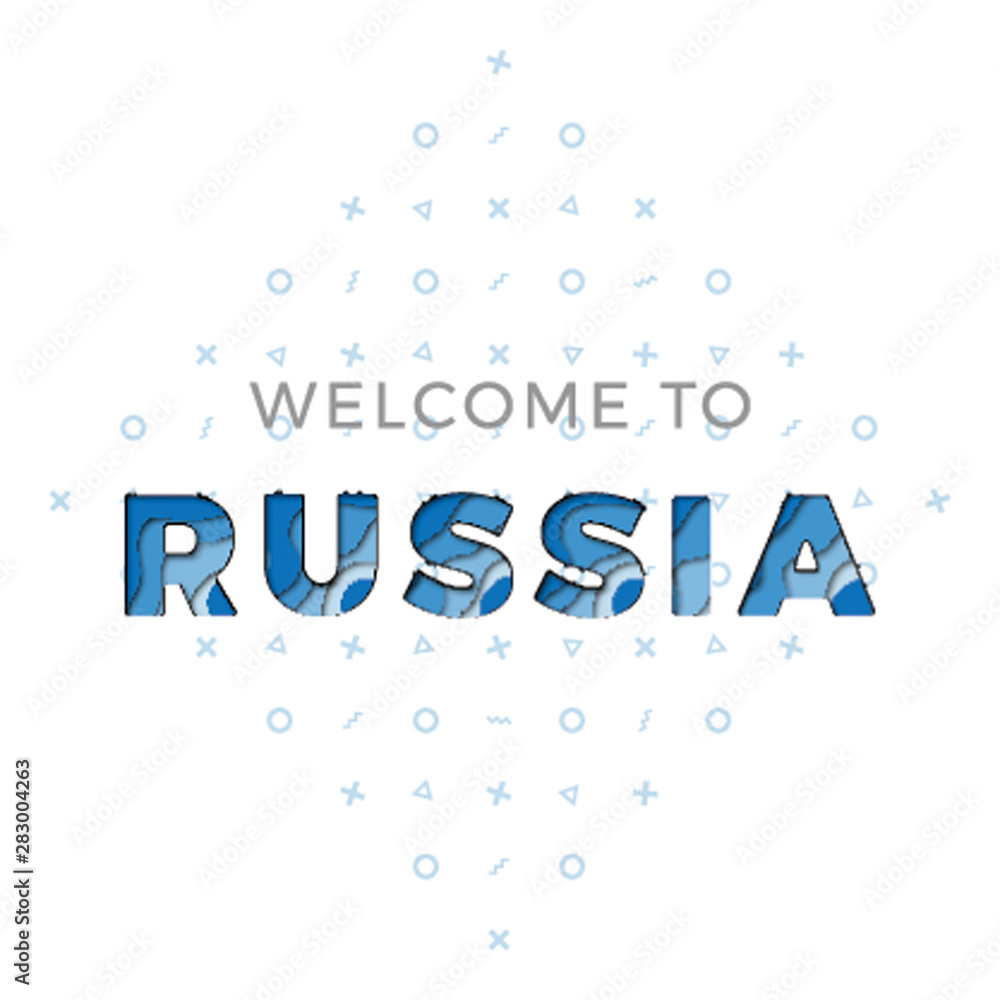 Poster welcome to russia banner design layout with paper cut layered text and memphis pattern for greeting 