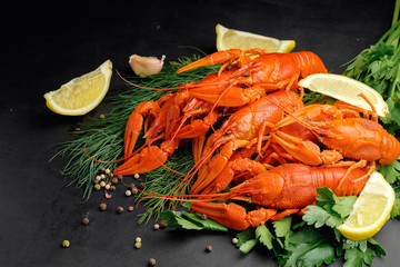 lobsters with lemon lime green dill garlic and dry pepper on black background top view