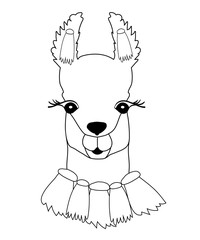 Llama with traditional, bright decorations with tassels. Cute black-white Llama for coloring, childish print for fabric, t-shirt, poster, card.