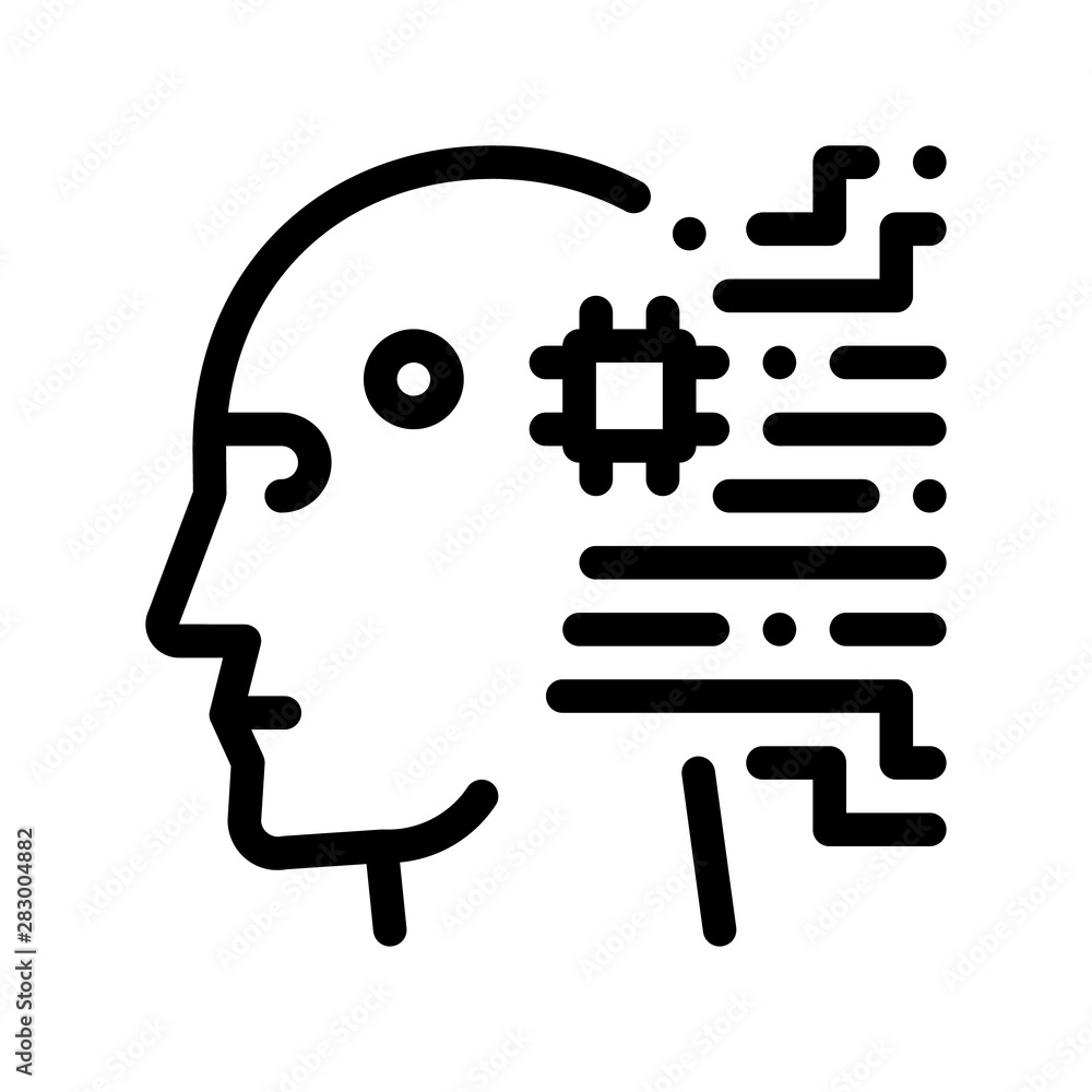 Wall mural Cyborg Artificial Intelligence Vector Sign Icon Thin Line. Artificial Intelligence Details Character Robot Head And Microchip Linear Pictogram. Fingerprint, Microchip, Assembly Contour Illustration