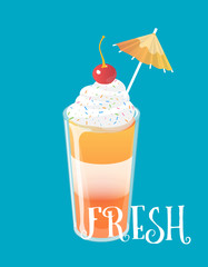 Cocktail jelly shot with toppings. Fresh sweet drink ads concept. Vector illustration.