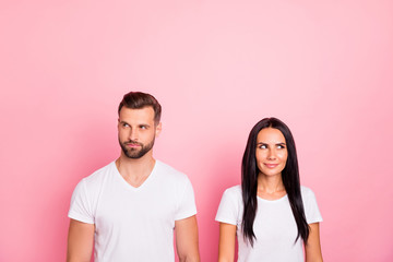 Fototapeta premium Portrait of his he her she two nice-looking attractive lovely charming cute winsome cheerful person looking aside thinking isolated over pink pastel background