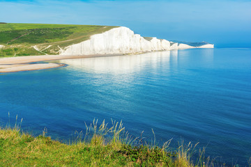 Hope Gap beach near Seaford, East Sussex, England. South Downs National park. View of blue sea,...