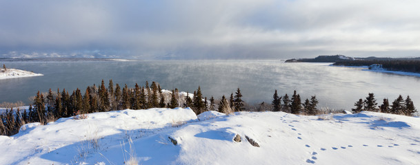 Steaming Lake Laberge Yukon pano before freezing