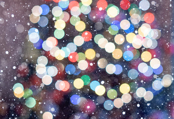 Christmas Background. Colorful Holiday Abstract Glitter Defocused Background With Blinking Stars an snowfalls. Blurred Bokeh