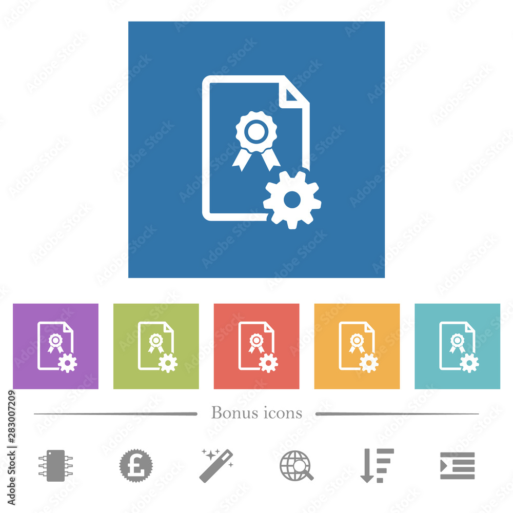 Poster generating certificate flat white icons in square backgrounds