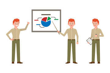 Successful, red hair young business man in green pants vector illustration. Standing side view, making presentation, reporting, drinking coffee boy cartoon character set on white background