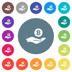 Bitcoin earnings flat white icons on round color backgrounds