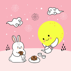 Cartoon cute mid autumn rabbit and moon vector.