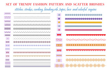 Set of fashion pattern brushes. Modern printed stripes, stitches, binding, tapes, laces, belts and pockets. - obrazy, fototapety, plakaty