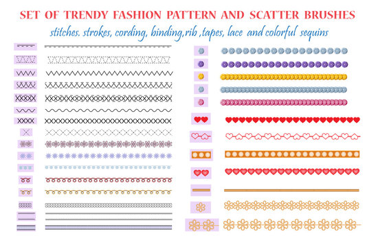 Set of fashion pattern brushes. Modern printed stripes, stitches, binding, tapes, laces, belts and pockets.