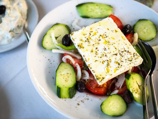 tasty greek salad with fresh ingredients
