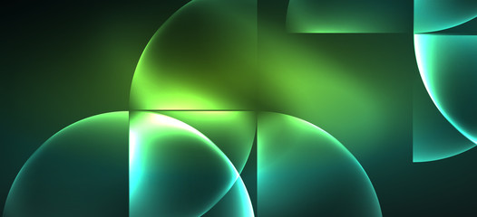 Techno glowing glass geometric shapes vector background, futuristic dark template with neon light effects and simple forms
