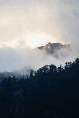 Mountains peaks in mist, North Sikkim, India