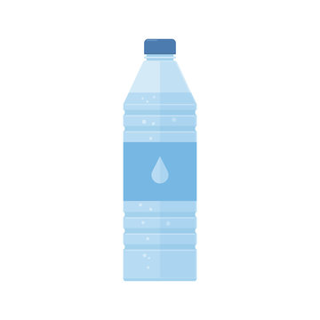 Plastic water bottle. Label with symbol of a drop water. Abstract concept, icon.