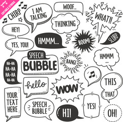 Speech Bubbles Design elements. Black and White Vector Doodle Illustration Set. Editable Stroke.