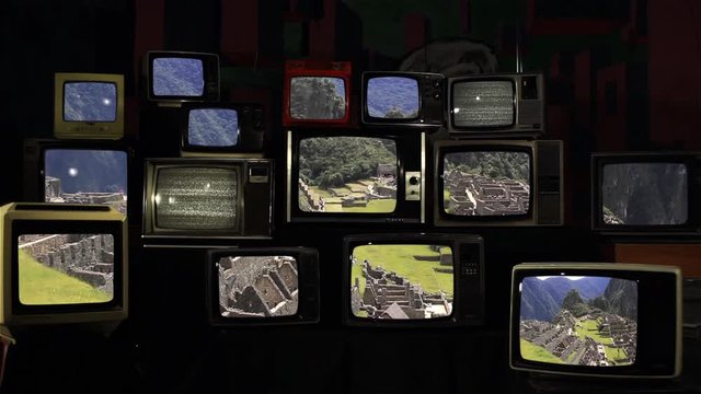 Machu Picchu, Lost Inca City In The Andes, Displayed On Retro Television Screens