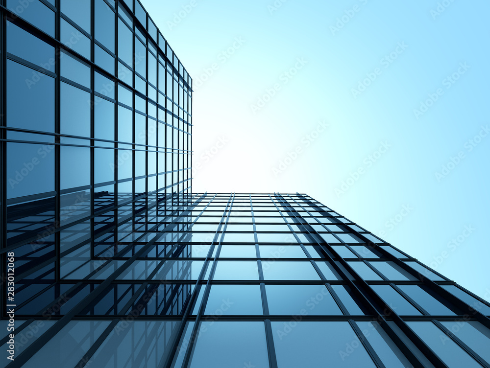 Poster view of high rise glass building and dark steel window system on blue clear sky background,business 