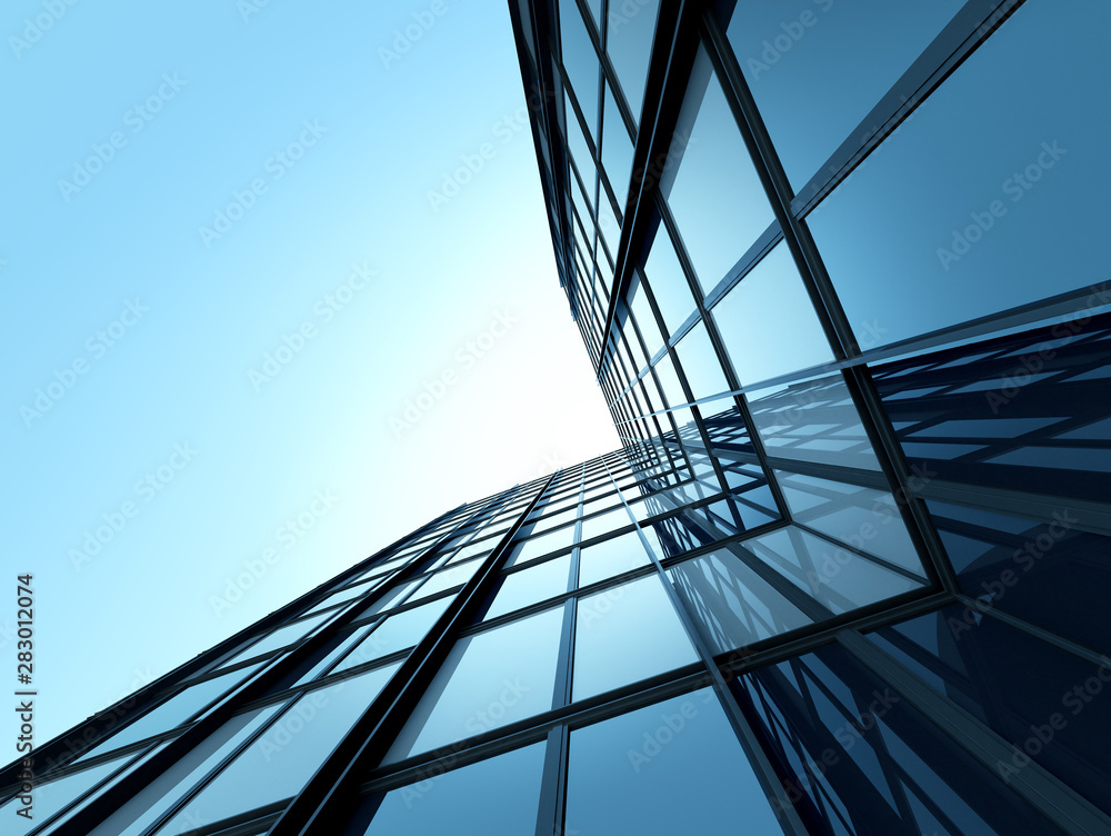 Poster view of high rise glass building and dark steel window system on blue clear sky background,business 