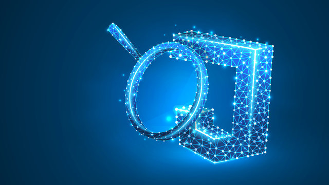 Magnifying glass Analysis of Java Script coding language. Code analytics, programming, developing concept. Abstract, digital, wireframe, low poly mesh, vector blue neon 3d illustration. Line dot