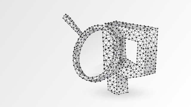 Magnifying glass Analysis of PHP coding language. Code analytics, programming, developing concept. Abstract, digital, wireframe, low poly mesh, vector white origami 3d illustration. Line dot