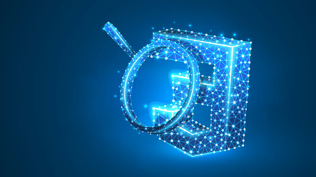 Magnifying glass Analysis of CSS coding language. Code analytics, programming, developing concept. Abstract, digital, wireframe, low poly mesh, vector blue neon 3d illustration. Line, dot