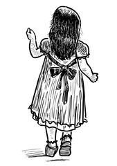 Sketch of a little girl walking on a path