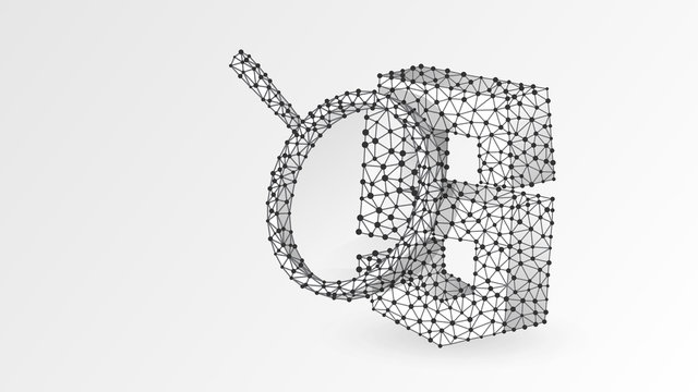 Magnifying glass Analysis of Java Script coding language. Code analytics, programming, developing concept. Abstract, digital, wireframe, low poly mesh, vector white origami 3d illustration. Line dot