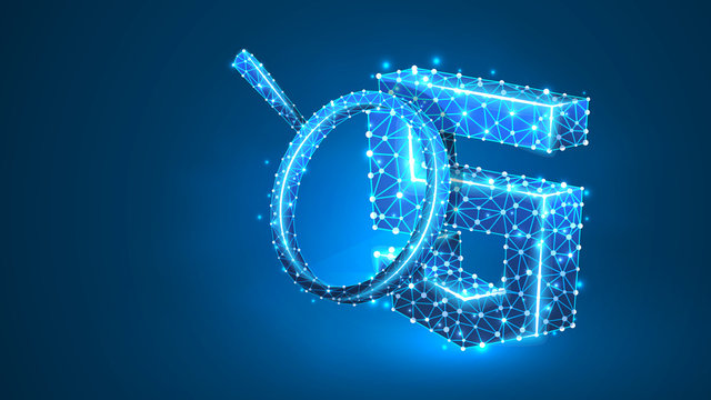Magnifying glass Analysis of HTML coding language. Code analytics, programming, developing concept. Abstract, digital, wireframe, low poly mesh, vector blue neon 3d illustration. Line, dot