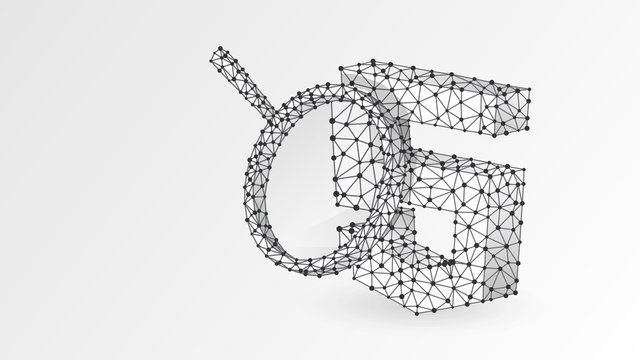Magnifying glass Analysis of HTML coding language. Code analytics, programming, developing concept. Abstract, digital, wireframe, low poly mesh, vector wite origami 3d illustration. Line dot
