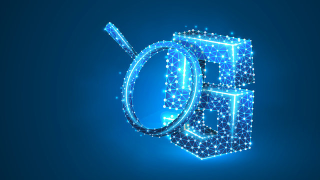 Magnifying glass Analysis of Java Script coding language. Code analytics, programming, developing concept. Abstract, digital, wireframe, low poly mesh, Raster blue neon 3d illustration. Line, dot