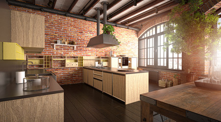Große offene Küche mit Dunstabzugshaube (3d rendering)