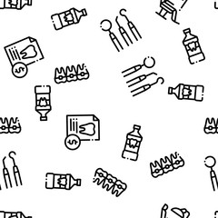 Stomatology Seamless Pattern Vector. Stomatology Dentist Equipment And Chair, Healthy And Unhealthy Tooth, Injection Anesthesia Illustration