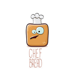 vector funky cartoon smiling toast bread chef character with white chef hat isolated on white background. Bakery or kids cafe funky logo or mascot design template