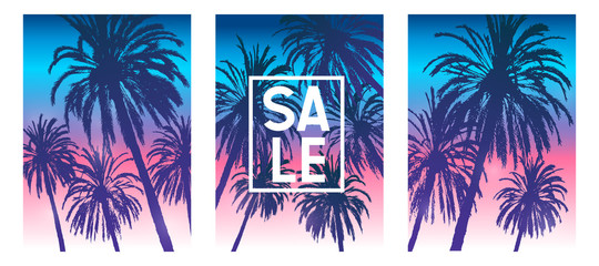 Set of summer tropical brochure covers design with palm trees silhouettes on morning sunrise sky background