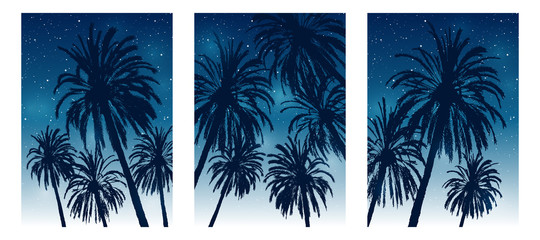 Set of summer tropical brochure covers design with palm trees silhouettes on starry sky background
