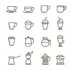 Coffee icon vector set. Collection of the linear icons isolated on the white background.