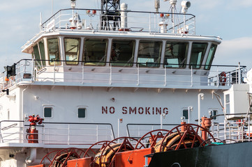 Ship bridge for navigation and control. Cargo ship waiting for a captain and crew. Vessel is ready...