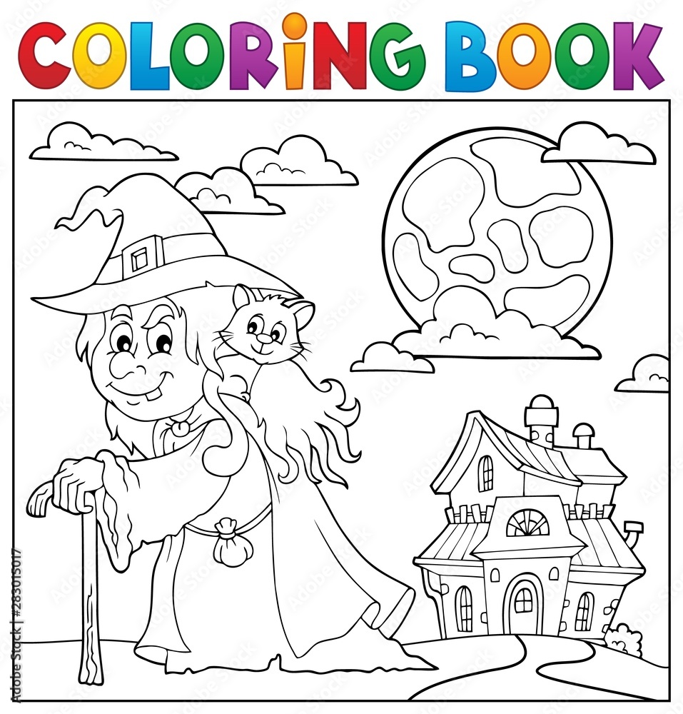 Wall mural coloring book witch with cat topic 2