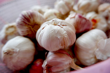 Organic garlic Thai style background, top view