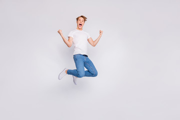 Fototapeta na wymiar Full length photo of jumping high guy wear casual outfit isolated white background