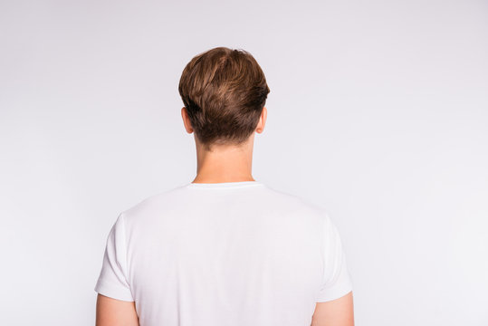 Rear View Photo Of Amazing Hair Styling Guy Wear Casual Outfit Isolated On White Background