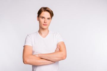 Photo of student guy with crossed arms wear casual outfit isolated white background