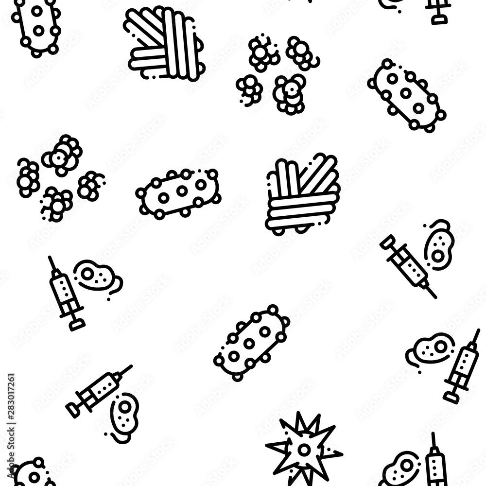 Poster pathogen seamless pattern vector. pathogen bacteria microorganism, microbes and germs linear pictogr