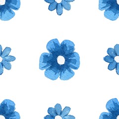 Seamless blue azulejo watercolor pattern. Vector flowers illustration. 