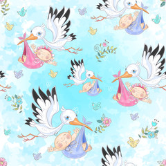 Seamless pattern for the birth of a child. Stork with baby. Vector