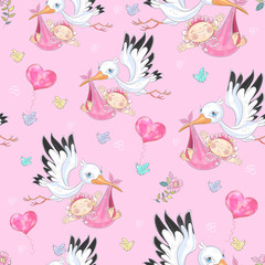 Seamless background for baby girl's birth. Stork with baby girls. Vector