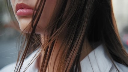 Lip contouring. Volume increasing. Peaceful woman Flowy hair