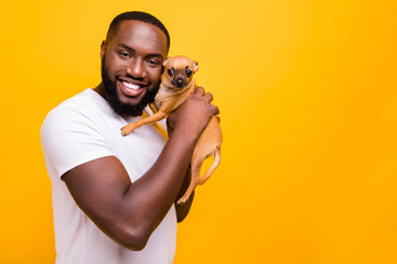 Photo of dark skin guy raising little pet in arms wear casual outfit isolated yellow background