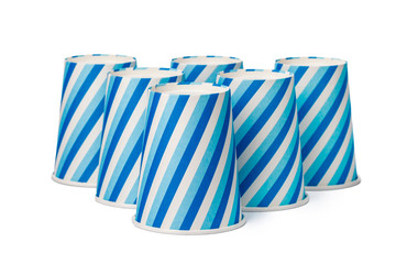 Cardboard cups decorated with blue lines pattern isolated on white background